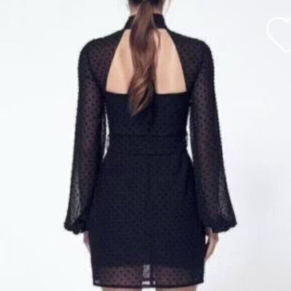 Misha Collection Black  High Neck Mini Dress With Blouson Sleeve - Picture 2 of 14